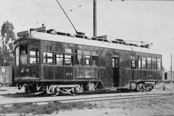 At the San Bernardino Carhouse, Pacific Electric 177 rests between assignments on the 'E' St Line during Orange Show during the 1930's. Photographer David E Gillespie. Jeffrey J Moreau Collection.