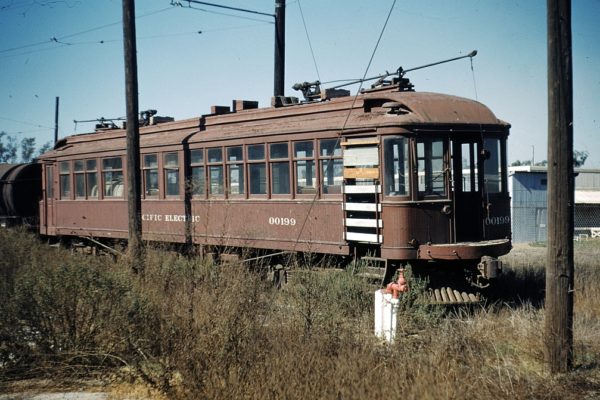 PE 00199 in storage at Pacific Electric's Torrance Shops on November 8, 1953. Photographer Ray Ballash. SCRM Collection.