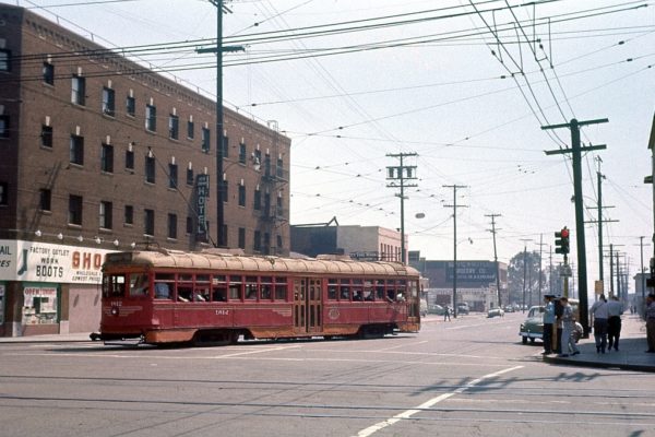 LAMTA 1812 with an Electric Railroaders Association fantrip turns from San Pedro St to 9th St in Los Angeles bound for Long Beach on March 20, 1960. 
 This excursion was the last use of a Hollywood car on the former Pacific Electric. Charles Seims Photo.