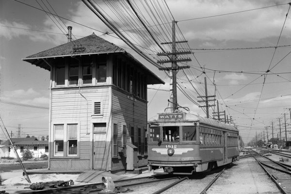 LAMTA 1812 is seen entering the Watts Carhouse lead and passing Watts Tower on October 30, 1959.

Photographer Stan Kistler, Jeffrey J Moreau Collection