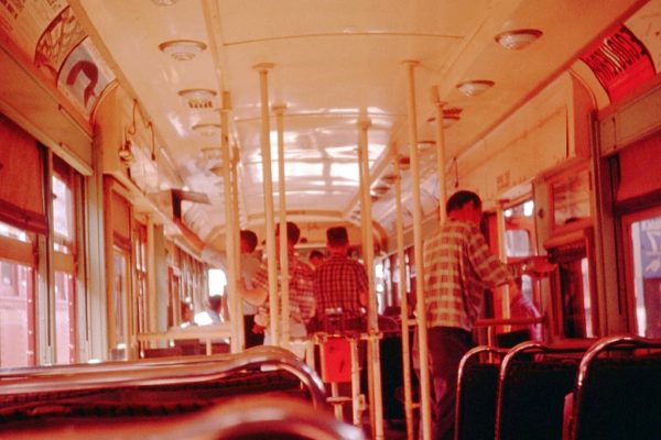 The interior of LAMTA 1812 during Electric Railroaders Association fantrip #46 on March 20, 1960. 
 This excursion was the last use of a Hollywood car on the former Pacific Electric. Charles Seims Photo.