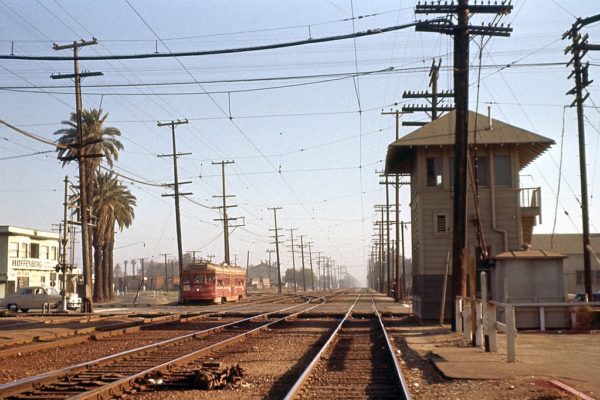 Los Angeles Metropolitan Transit Authority 1812 on the Long Beach Line at Slauson Jct.  The occasion in Southern California Electric Railroad Association Fantrip #46 on March 20, 1960. This excursion was the last use of a Hollywood Car on the former Pacific Electric. Charles Seims Photo