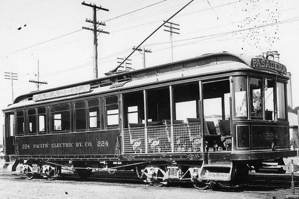 Pacific Electric 224 at the PE Shops at 7th & Central Streets in Los Angeles. Jeffrey J Moreau Collection.