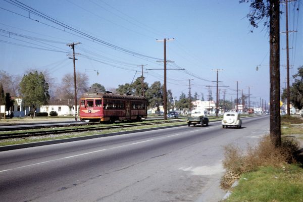 PE 5123 San Fernando Valley Line inbound to Los Angeles between Sherman Way and Van Owen St on Van Nuys Blvd circa 1952. Photographer Walter Abbenseth, Southern California Railway Museum Collection.