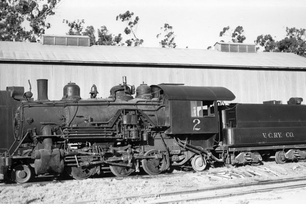 Ventura County Railway 2 at the VCRy shops in Oxnard, 1940's. Photographer Harold F Stewart. SCRM Collection.