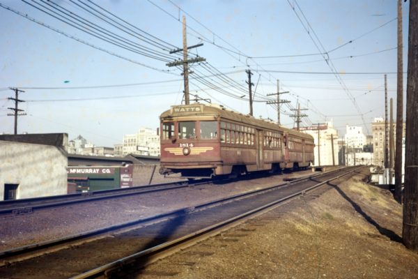 LAMTA 1814 and another car descend the ramp from the 6th & Main St station viaduct on the Watts Local Line. Jeffrey J Moreau Collection.