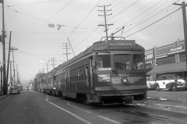 Hollywood Blvd Line in service disruption tie-up at Crescent Junction on Santa Monica Blvd at Fairfax Ave. Photographer Bob Loewing, Jeffrey J Moreau Collection.