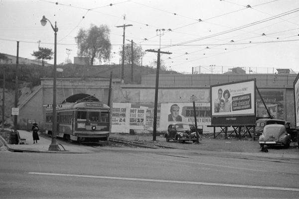 PE 5112 outbound on the Hollywood Blvd Line at Sunset Blvd and Hill St, September 16, 1950. Photographer Frank J Bradford.