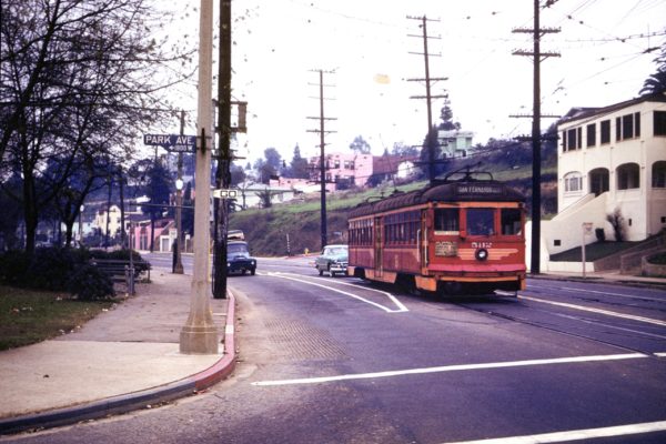 Bound for Van Nuys, PE 5112 in northbound on Glendale Blvd at Park Ave circa 1951.  Walter Abbenseth Collection.
