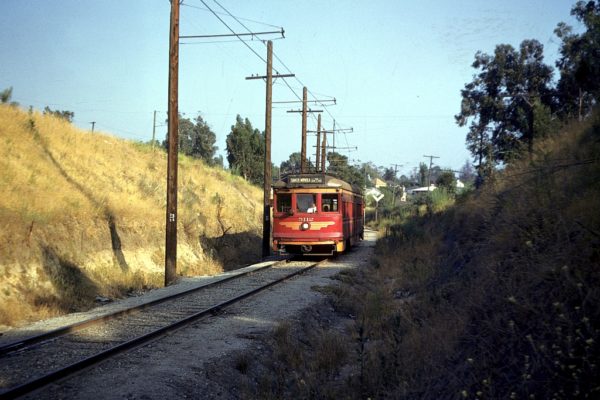 Pacific Electric 5112 outbound on the Santa Monica Air Line near Motor Ave circa 1953.  Photogrpaher Walter Abbenseth.