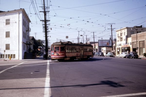 Inbound to Subway terminal, Hollywood Blvd Line car 5166 turns from Sunset Blvd onto Park Ave circa 1953.  Photographer Walter Abbenseth.