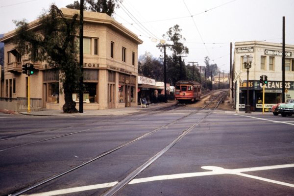 PE 5166 on Hollywood Blvd Line is about to cross Sunset Blvd at Gardner Jct, circa 1953. Photographer Walter Abbeneth.