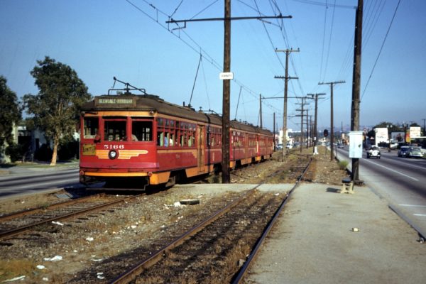 PE 5166 leads a three car train outbound on the Glendale-Burbank Line at Senorita, September 1953. Photographer Walter Abbenseth.