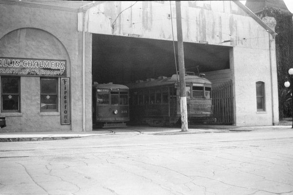 PE 331 and 656 at the Redlands carhouse on the last day of local service, July 19, 1936. Photographer Ernest M. Leo, Jeffrey J Moreau Collection