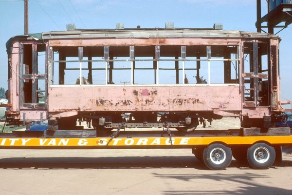 PE 332 leaving the museum to Tucson Arizona for restoration and operation by the Old Pueblo Trolley. May 1985, Don Brown Photo.