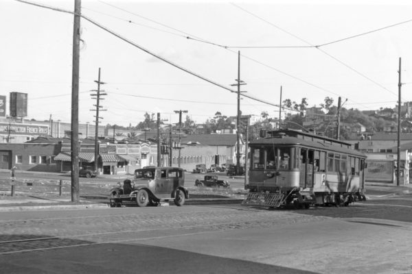 LARy 7 westbound on the I Line on West 1st St at Beaudry Ave, circa 1937. SCRM Collection.