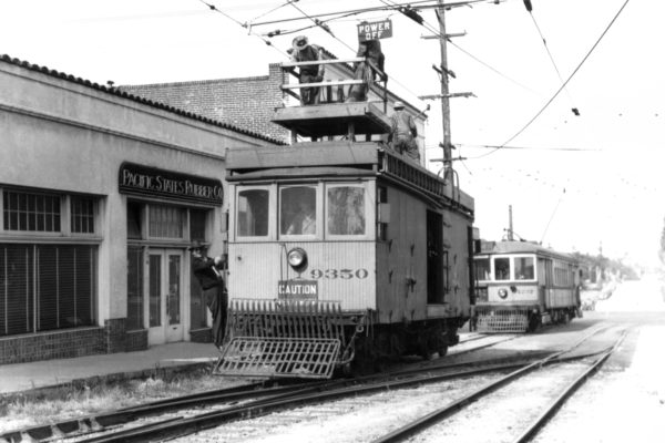 LARy 9350 on the H Line private right-of-way near 1st St and Bimini Pl. April 14, 1944 Craig Rasmussen Collection.