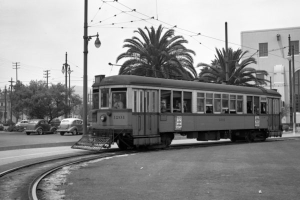 Los Angeles Transit Lines 1201 at the Los Angeles Union Passenger Terminal loop off Brooklyn Ave circa 1946.  Photographer James N. Spencer.  Jeffrey J Moreau Collection.