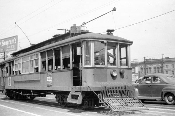 LATL 665 on the F Line on N Spring St at Sunset Blvd, 1946. Photographer S.A. Liebman.