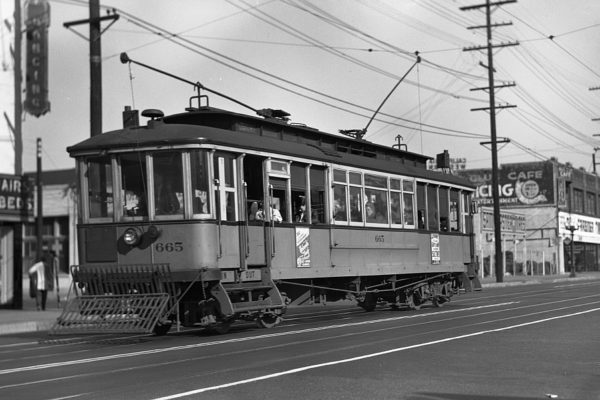 LATL 665 on the F Line on S Main St at Pico Blvd circa 1946.