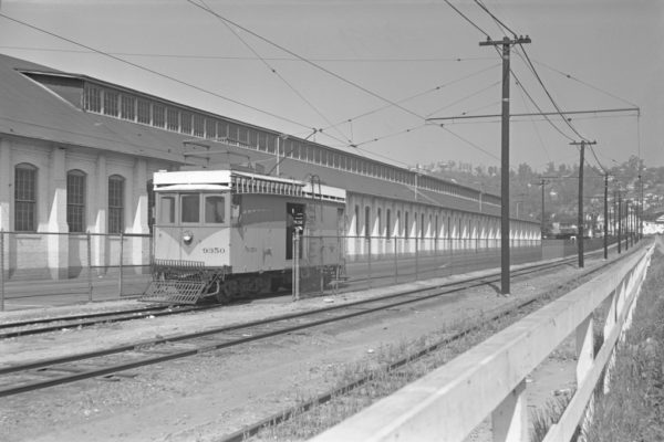 Los Angeles Transit Lines 9350 along side Division 3 Carhouse in Cypress Park February 28, 1950. Jeffrey J Moreau Collection.