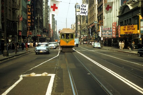 LATL 9350 on Broadway at 7th St March 27, 1957. SCRM Collection.