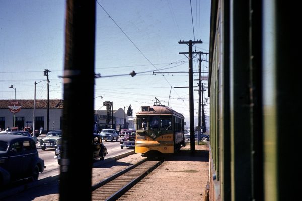 LATL 1423 on the 5 Line in Hawthorne as seen from a passing car, circa 1952.  Walter Abbenseth Photo.