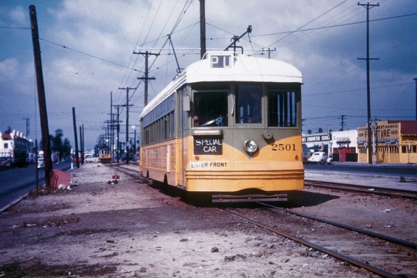 LATL 2501 on the F Line on S Vermont Ave at W Florence Ave during Railroad Boosters Excursion 52 on February 16, 1947. Photographer Bob McVey.