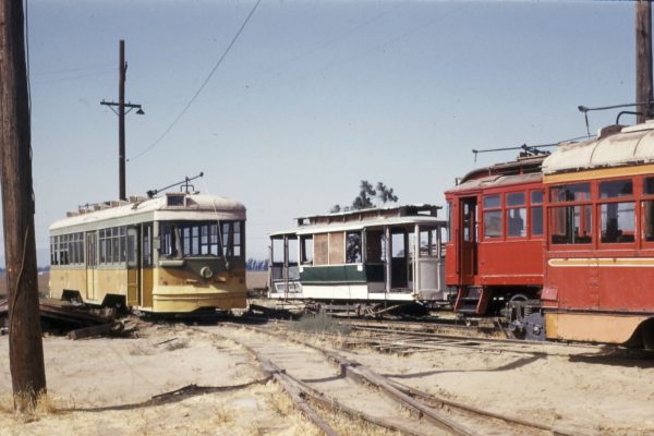 Circa 1960 shot of 2601 in the East Park Yard at  the Orange Empire Trolley Museum alongside Pacific Electric 1001 and Bakersfield & Kern 4,