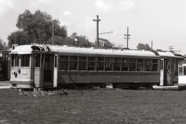 The body of car 2501 shortly after arriving to the Orange Empire Trolley Museum from National Metals scrapyard.  Ben Minnick Collection.
