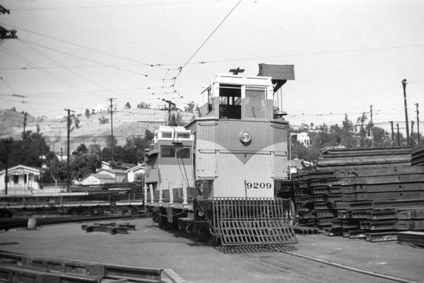 LATL 9209 and 9638 at Division 3 carhouse and yard in Cypress Park, 1947.  Raymond E Younghans Collection